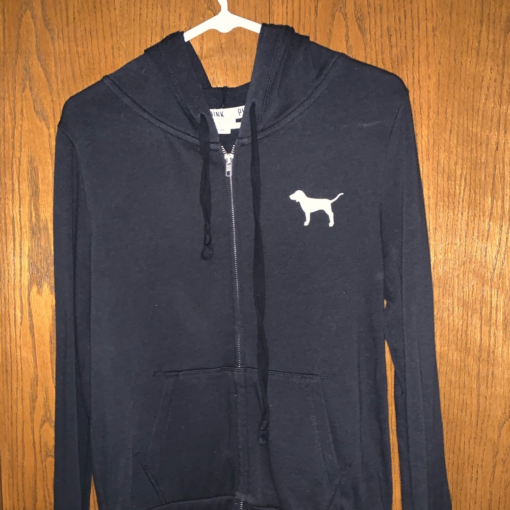 PINK zip up hooded sweatshirt. Worn, size XS.